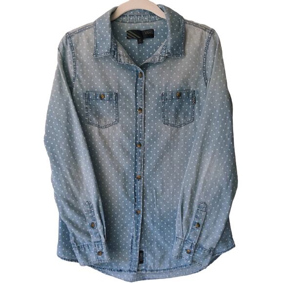 Vans M Chambray Denim Top Button Up White Polka Dot Long Sleeve Fading Worn In - Picture 1 of 11